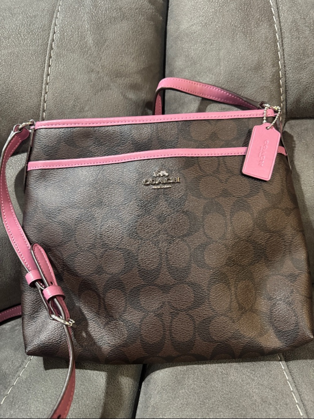 Coach Brown Signature Crossbody with Pink Trim